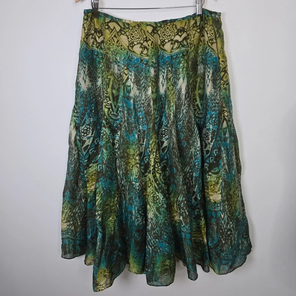 Jones New York Woman Silk Linen Blend Abstract Paisley Midi Skirt Green 16W